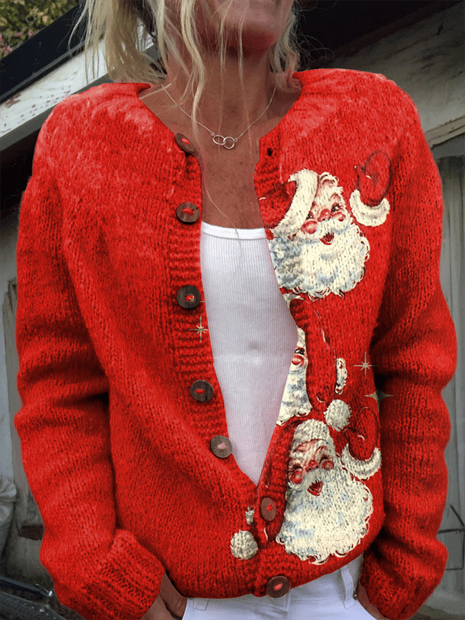 Women's Christmas Cardigan Santa Print Button | Festive