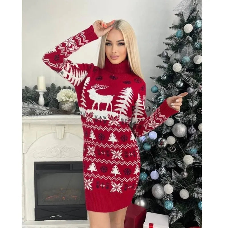 Women's Christmas Jumper Dress Long Sleeve Reindeer | Festive