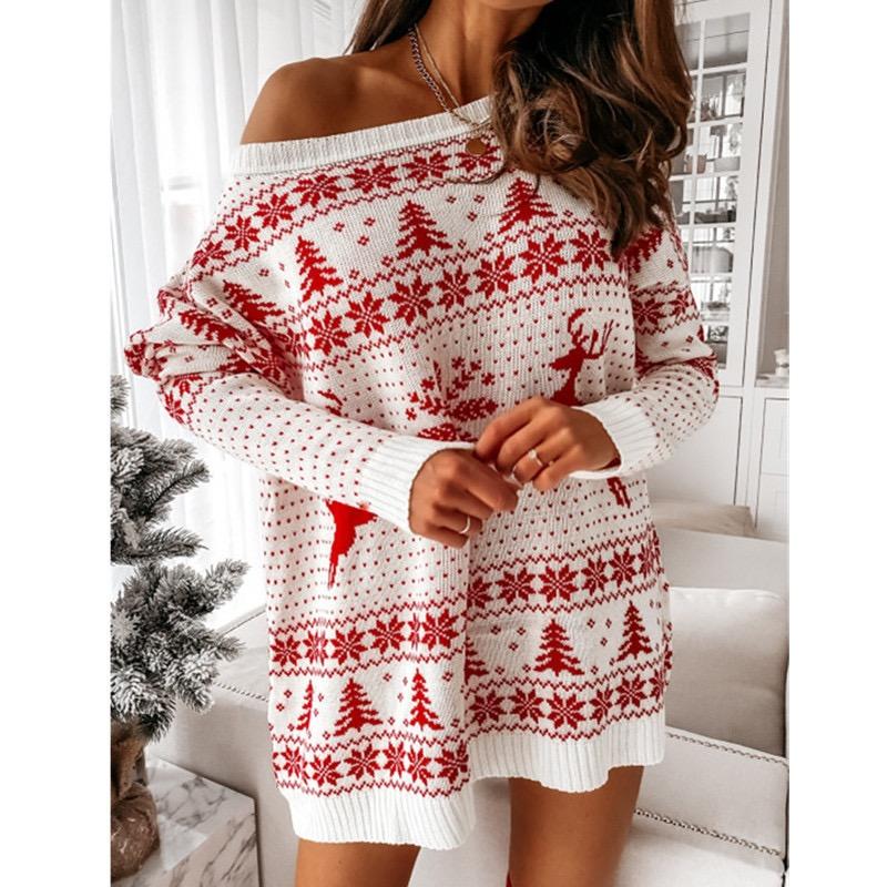 Women's Christmas Jumper Dress Off Shoulder | Snowflake