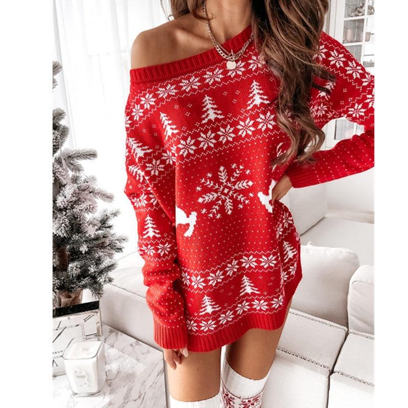 Women's Christmas Jumper Dress Off Shoulder | Snowflake