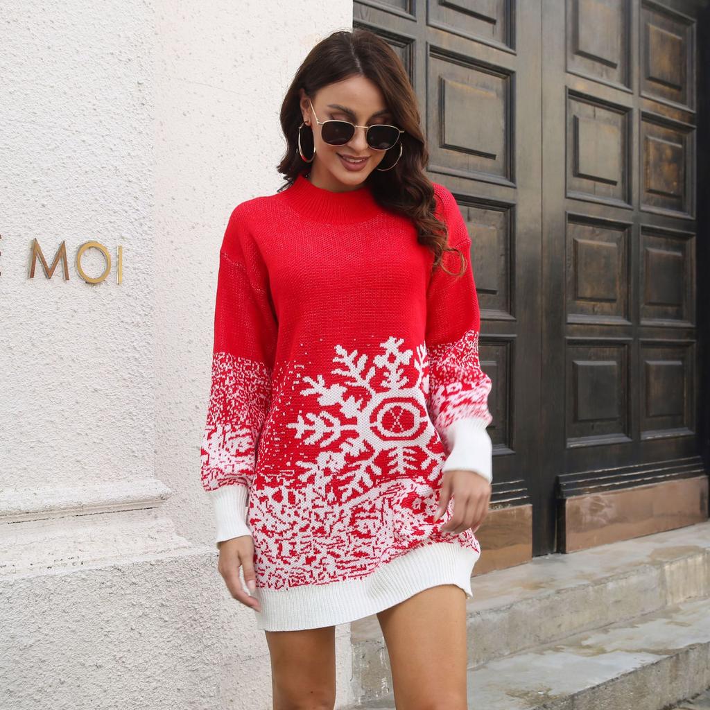 Women's Christmas Jumper Dress Snowflake Long Sleeve | Winter