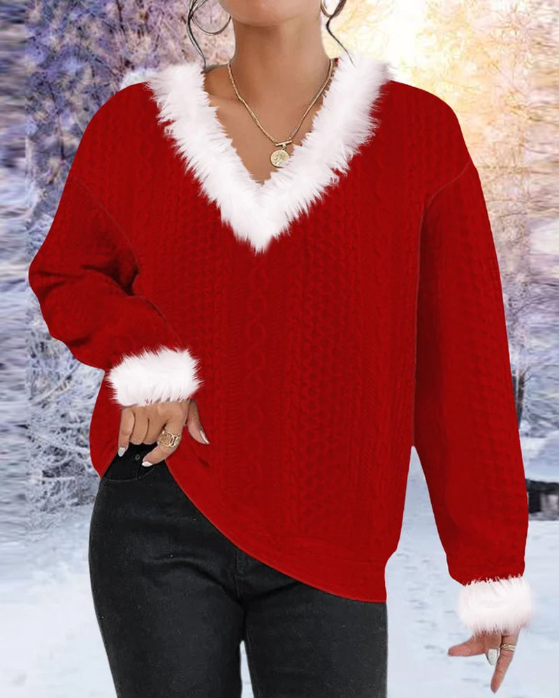 Women’s Christmas Jumper V-Neck Trim | Red Festive