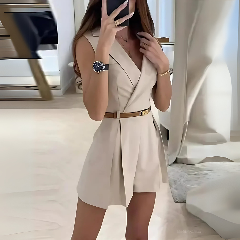 Women's Christmas Party Outfit Romper Belted V-Neck | Chic