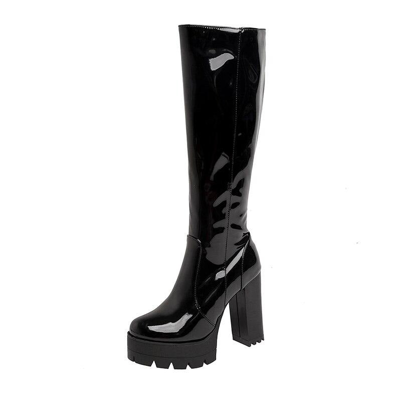 Women's Cowboy Knee High Black Boots | Glossy