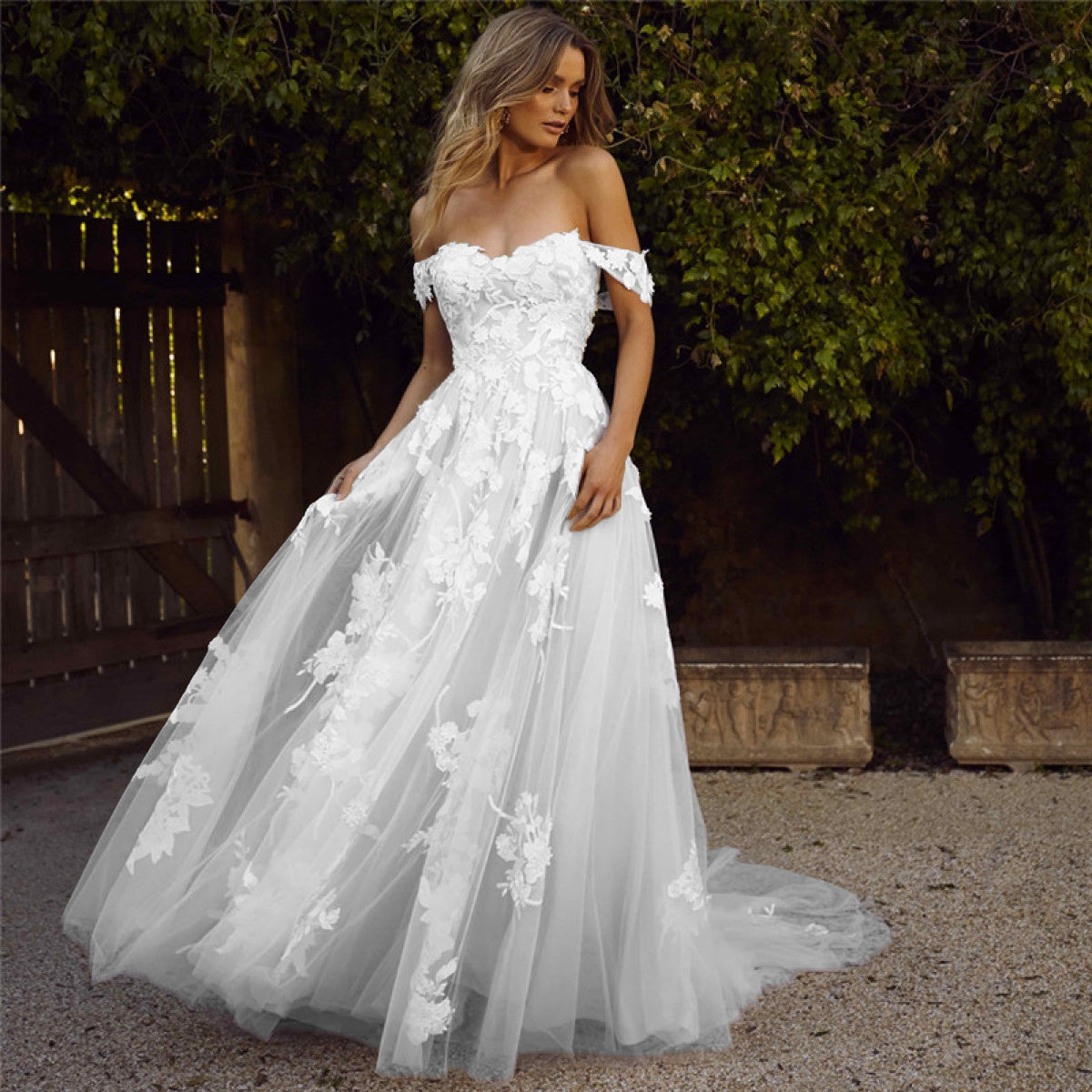 Women's Elegant Bridal Wedding Gown Dress Off-Shoulder Lace | Maxi