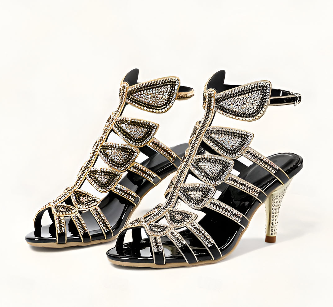 Women's Gold Heels Strappy Sandals | Crystal