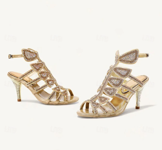 Women's Gold Heels Strappy Sandals | Crystal