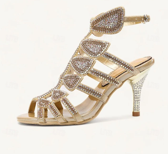 Women's Gold Heels Strappy Sandals | Crystal