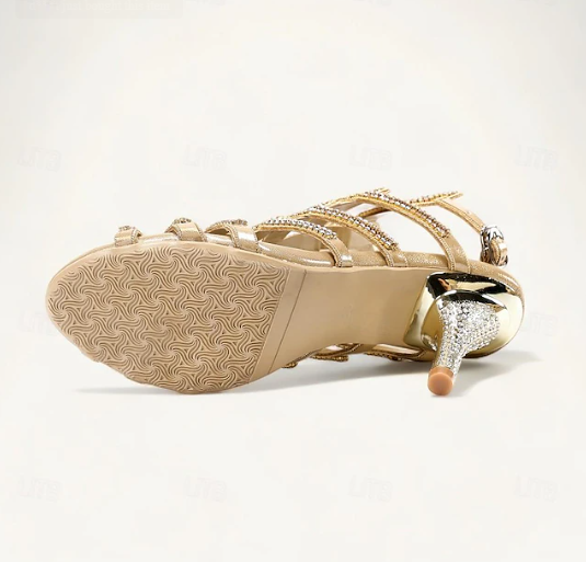 Women's Gold Heels Strappy Sandals | Crystal