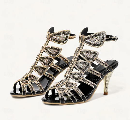 Women's Gold Heels Strappy Sandals | Crystal