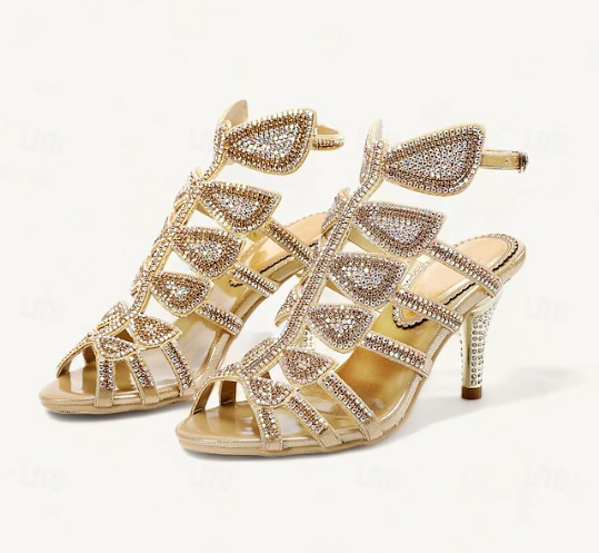 Women's Gold Heels Strappy Sandals | Crystal