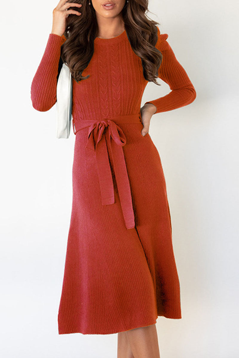 Women's Jumper Dress Cable Knit with Tie | Midi