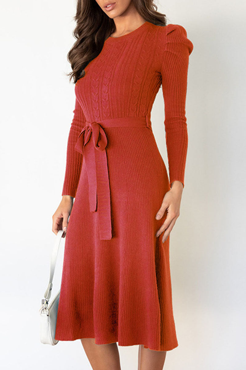 Women's Jumper Dress Cable Knit with Tie | Midi