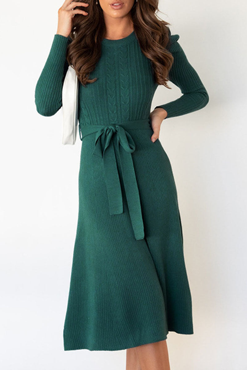 Women's Jumper Dress Cable Knit with Tie | Midi
