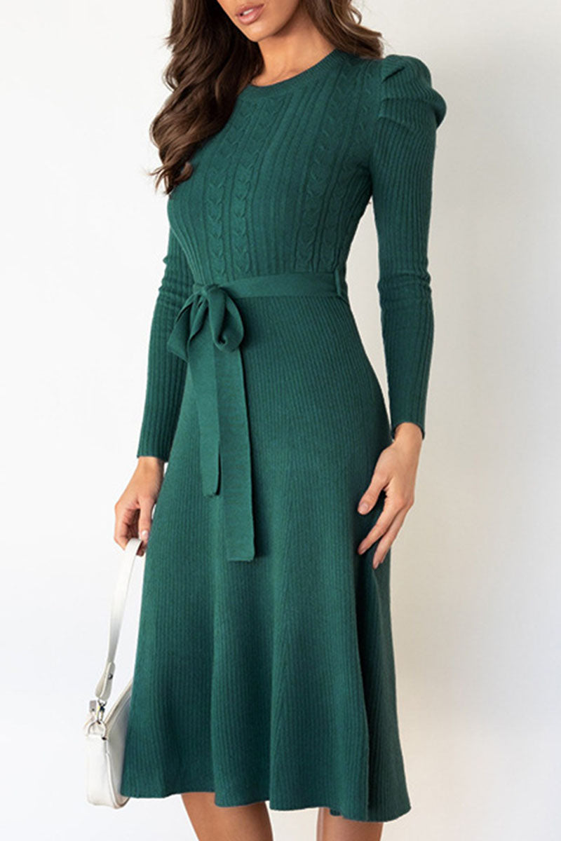 Women's Jumper Dress Cable Knit with Tie | Midi