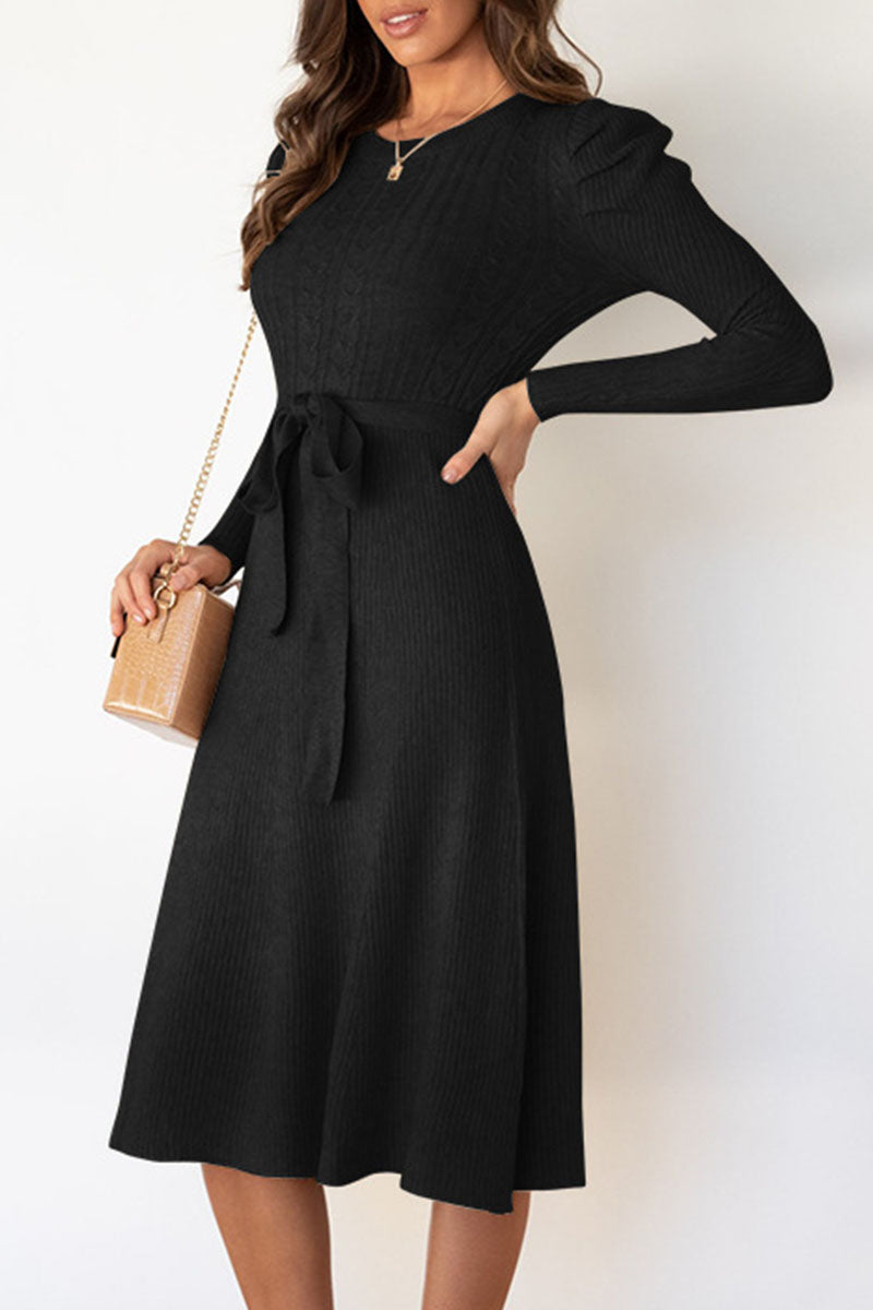 Women's Jumper Dress Cable Knit with Tie | Midi