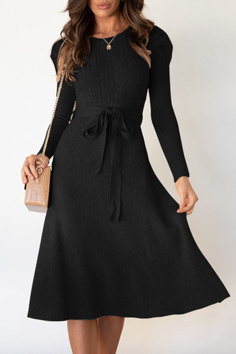 Women's Jumper Dress Cable Knit with Tie | Midi