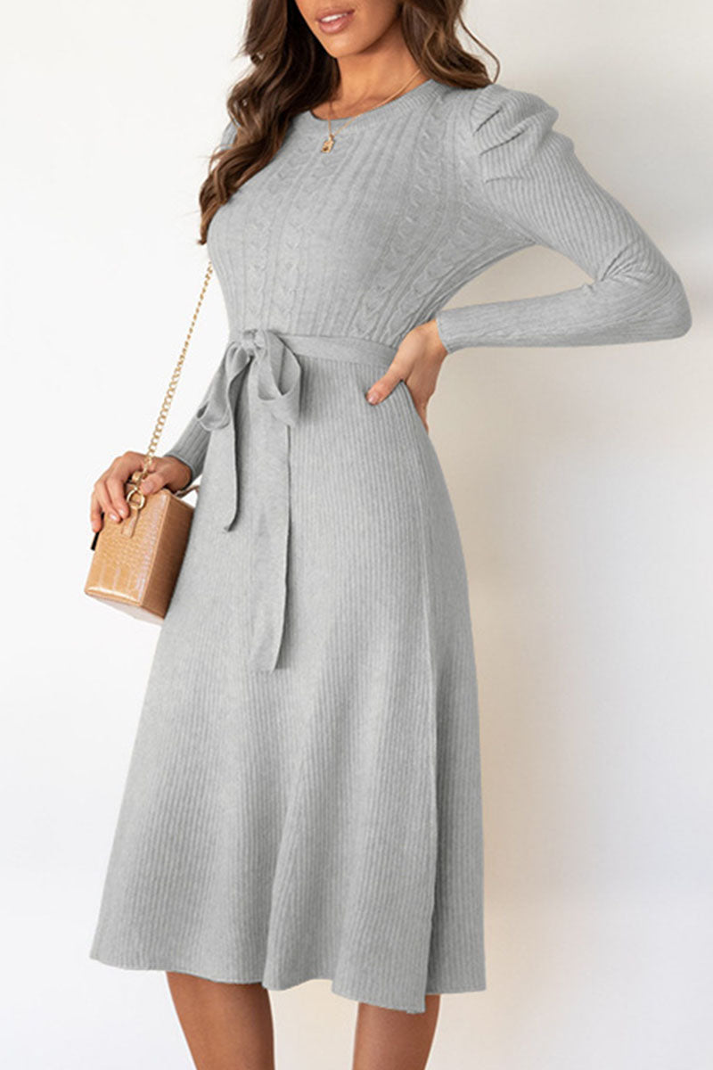 Women's Jumper Dress Cable Knit with Tie | Midi