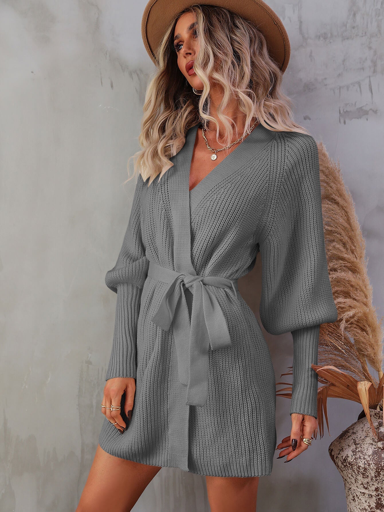 Women's Jumper Dress V-Neck with Belt | Knit