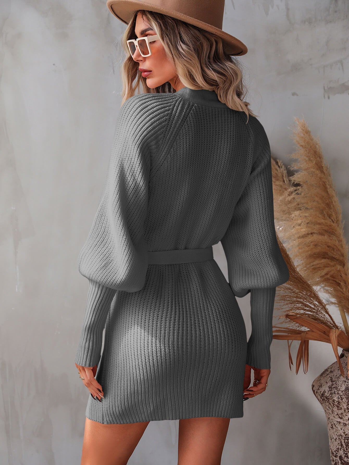 Women's Jumper Dress V-Neck with Belt | Knit