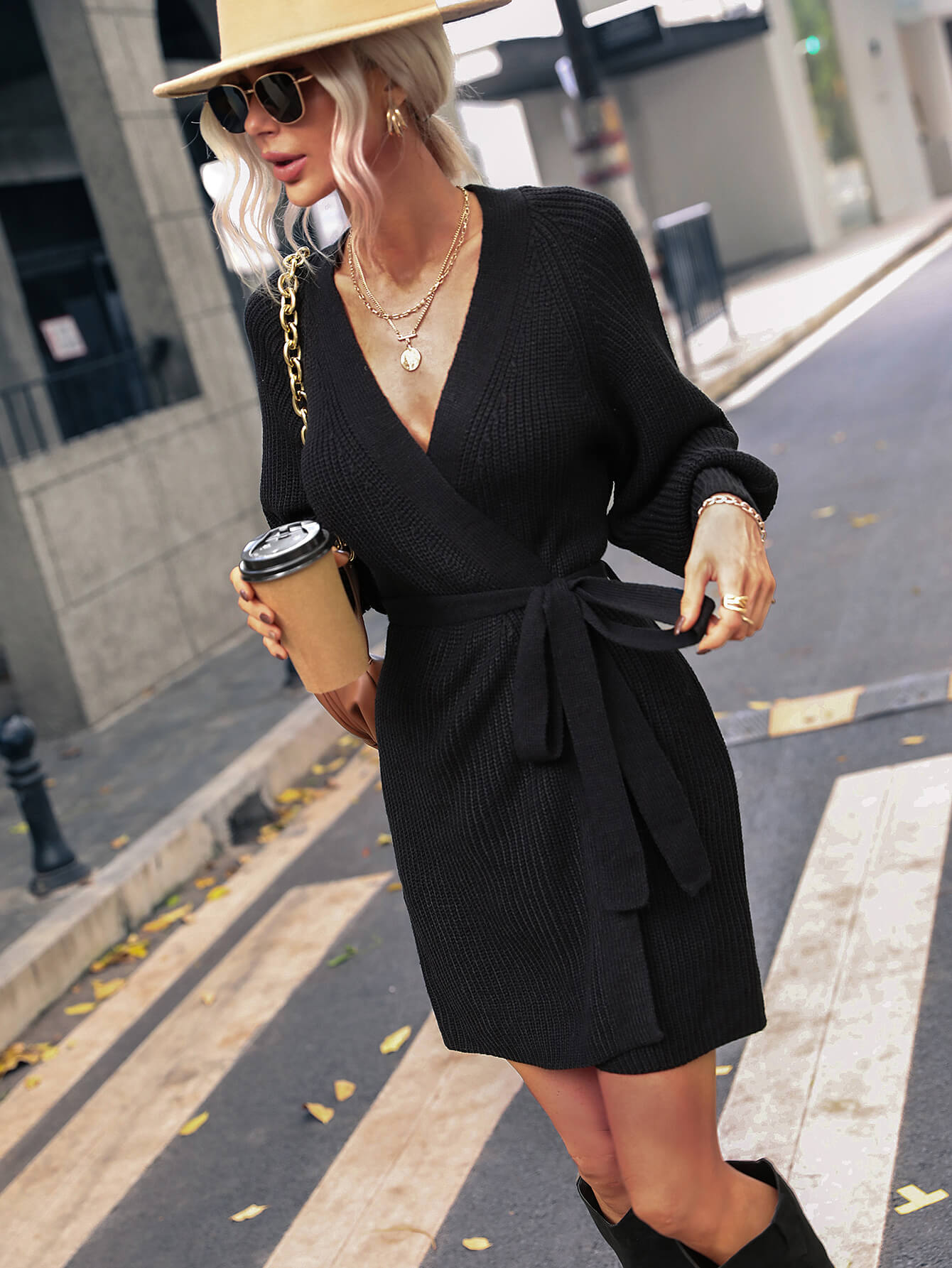 Women's Jumper Dress V-Neck with Belt | Knit