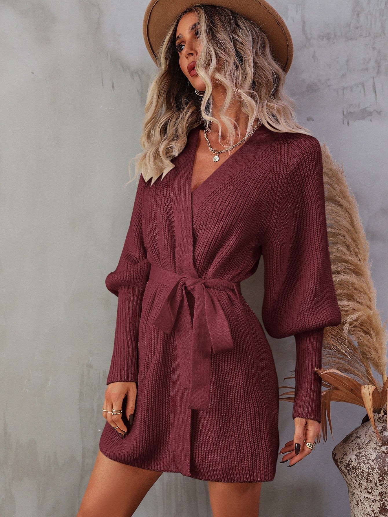 Women's Jumper Dress V-Neck with Belt | Knit