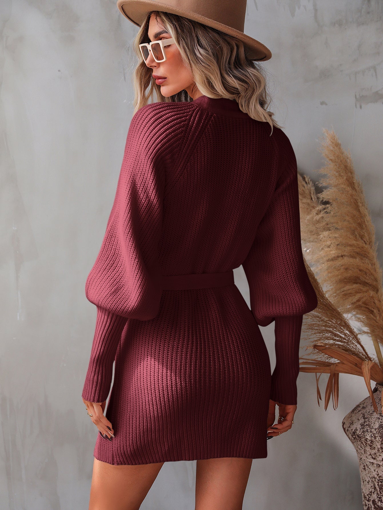 Women's Jumper Dress V-Neck with Belt | Knit