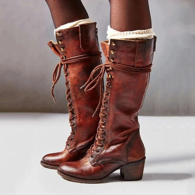 Women's Knee High Boots With Lace-Up Front & Back Zip | Heeled