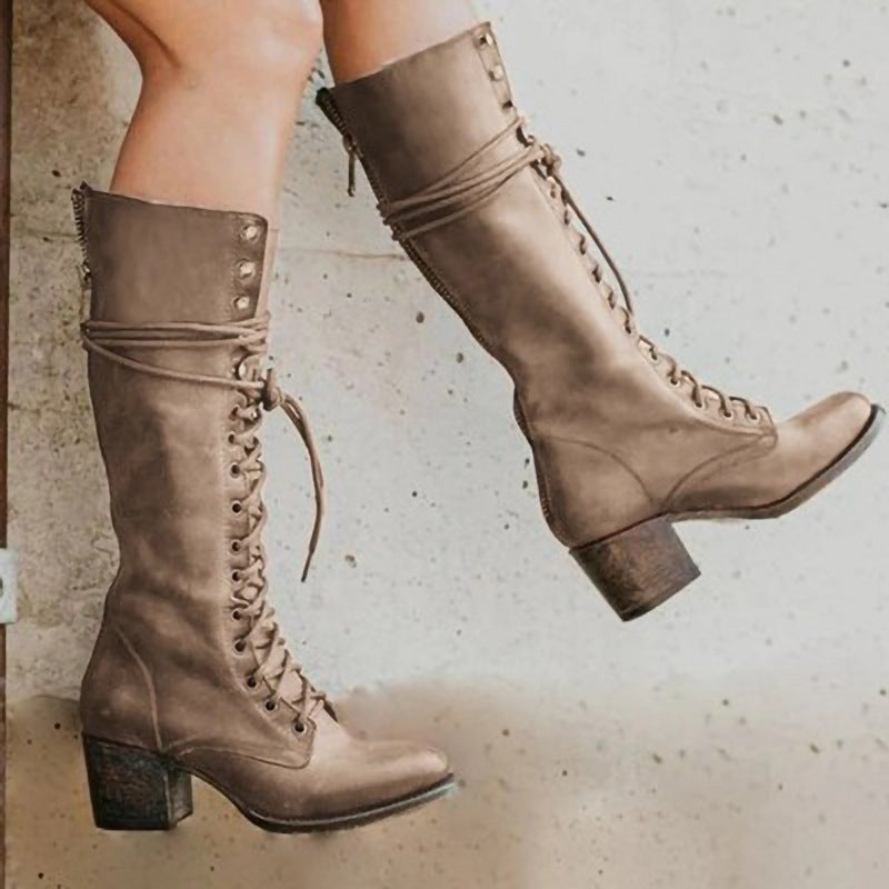 Women's Knee High Boots With Lace-Up Front & Back Zip | Heeled
