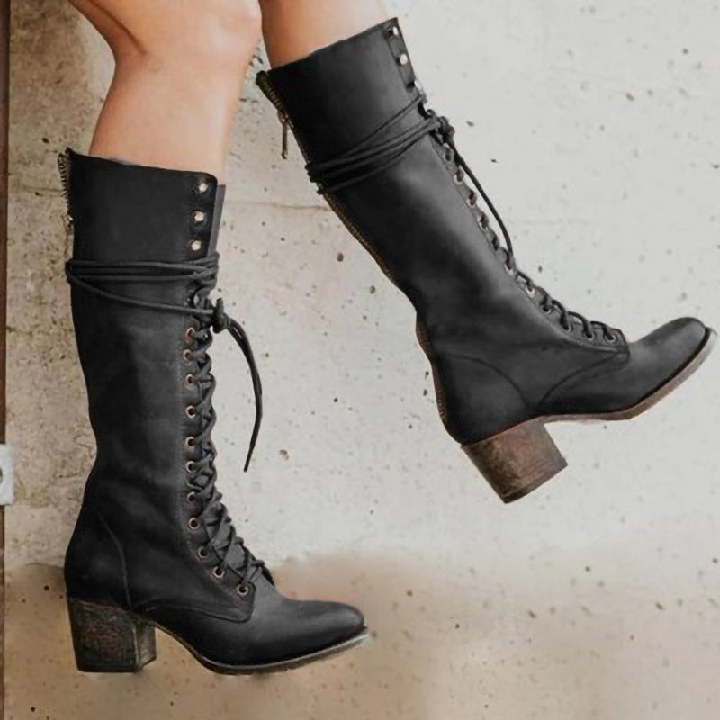 Women's Knee High Boots With Lace-Up Front & Back Zip | Heeled