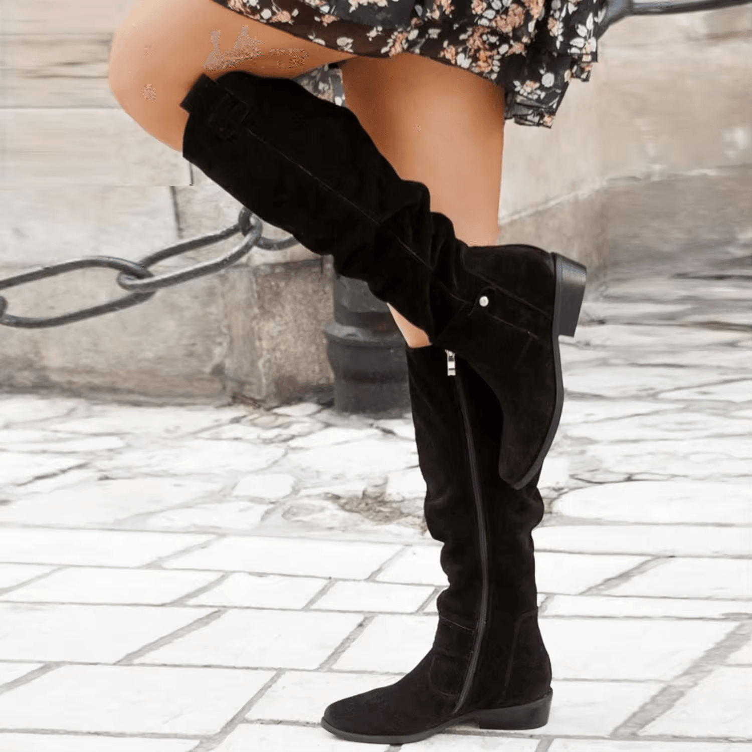 Women's Knee High Boots with Side Zip & Block Heel | Slouch Style