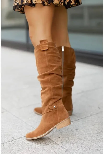 Women's Knee High Boots with Side Zip & Block Heel | Slouch Style