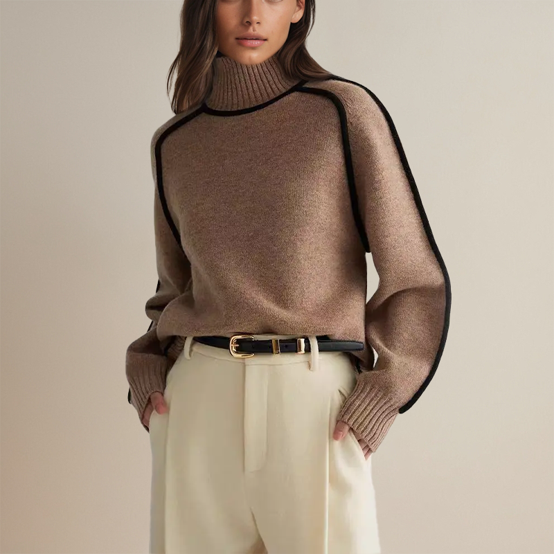 Women's Knit Jumper With Contrast Trim & Turtleneck | Long