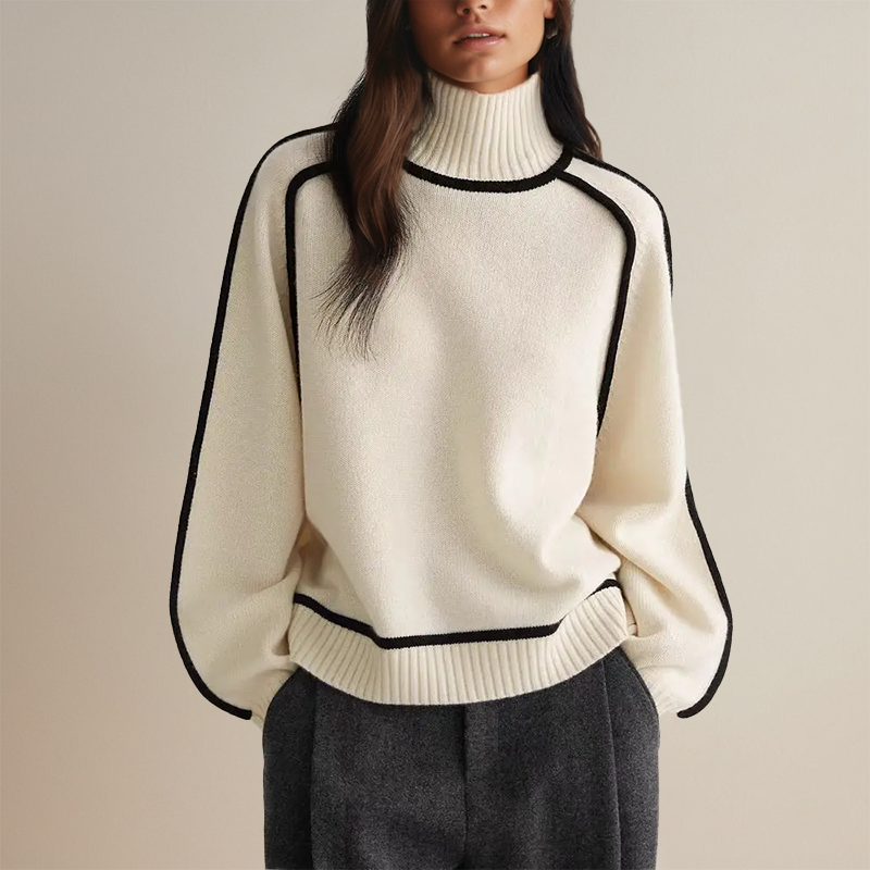 Women's Knit Jumper With Contrast Trim & Turtleneck | Long