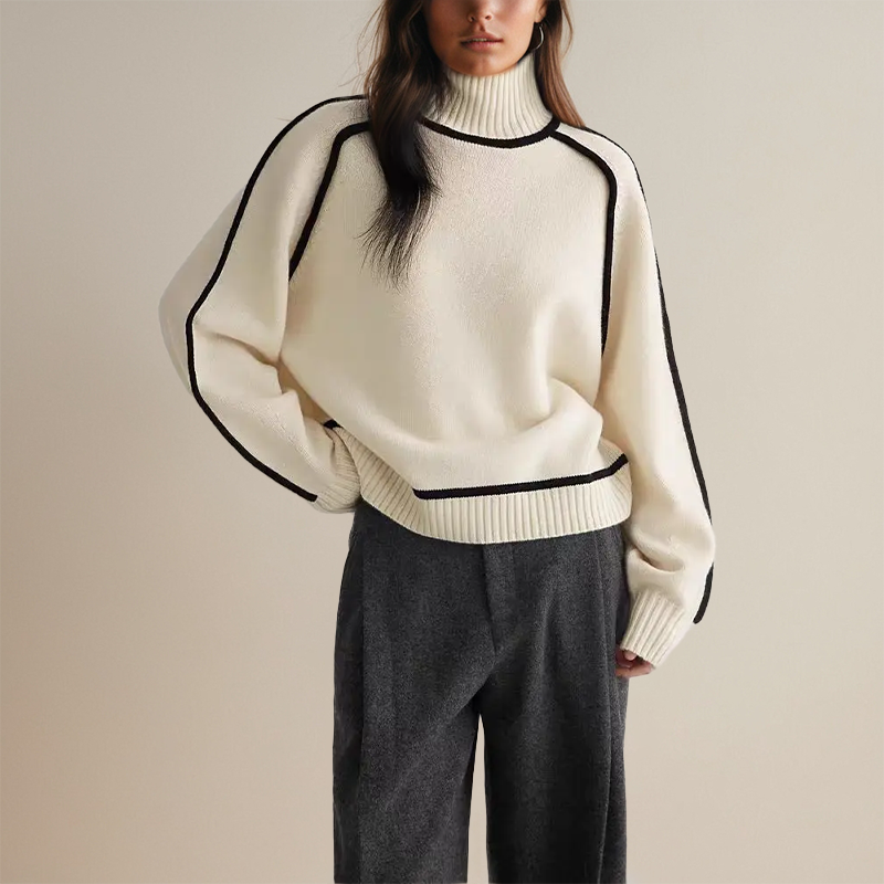 Women's Knit Jumper With Contrast Trim & Turtleneck | Long