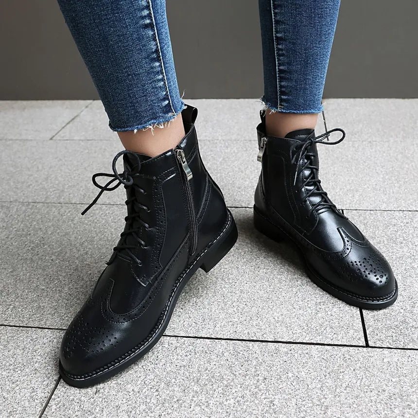 Women's Lace Up Ankle Boots With Brogue Detail | Low Heel