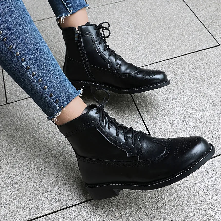 Women's Lace Up Ankle Boots With Brogue Detail | Low Heel