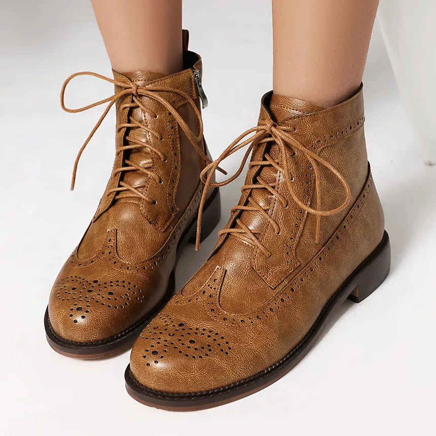 Women's Lace Up Ankle Boots With Brogue Detail | Low Heel