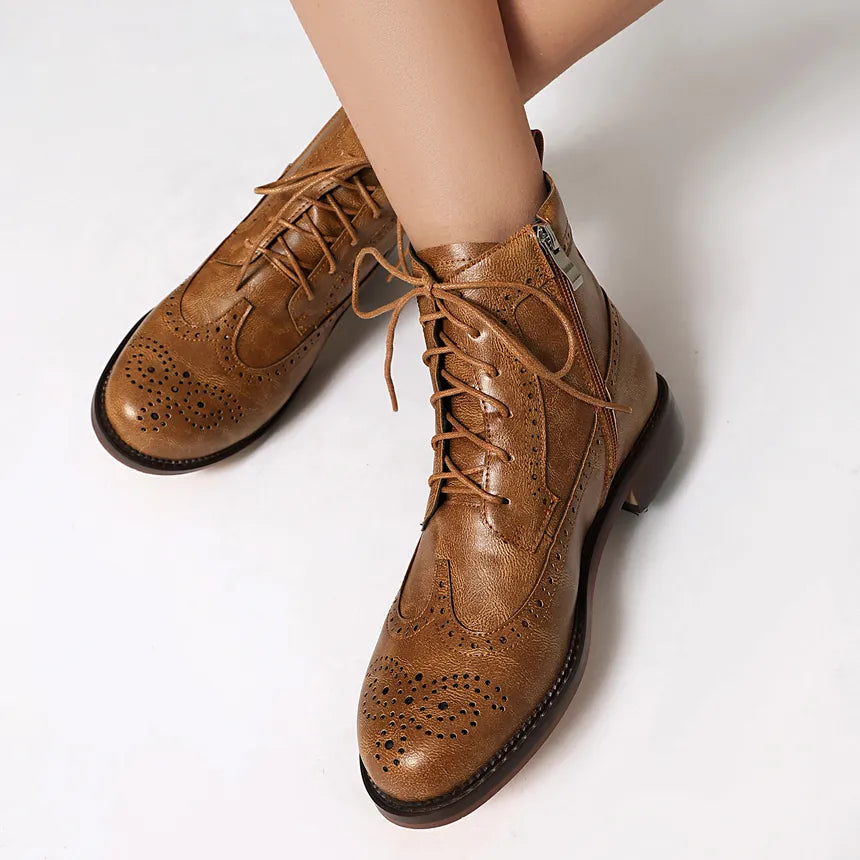 Women's Lace Up Ankle Boots With Brogue Detail | Low Heel