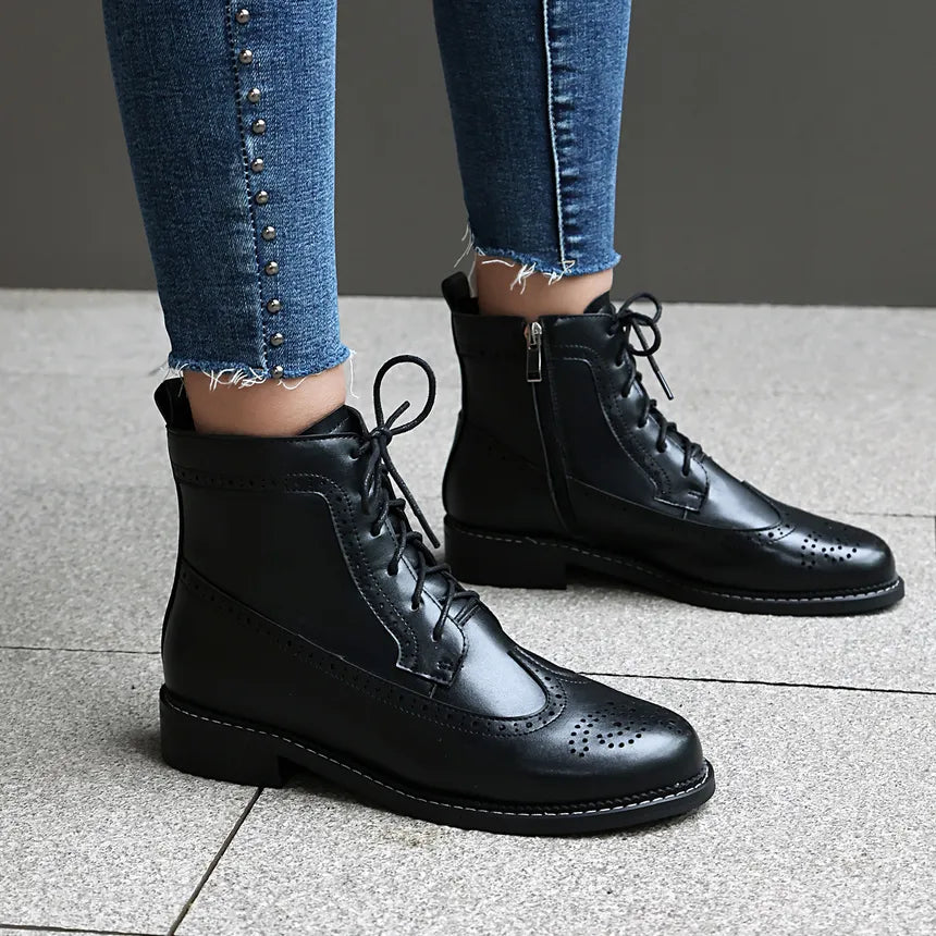 Women's Lace Up Ankle Boots With Brogue Detail | Low Heel