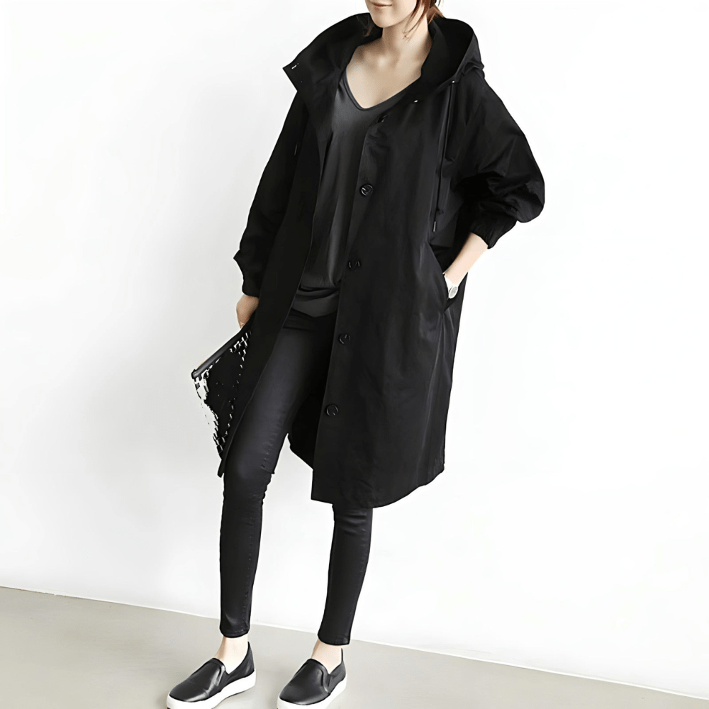 Women's Long Jacket With Hood And Pockets | Trench Coat