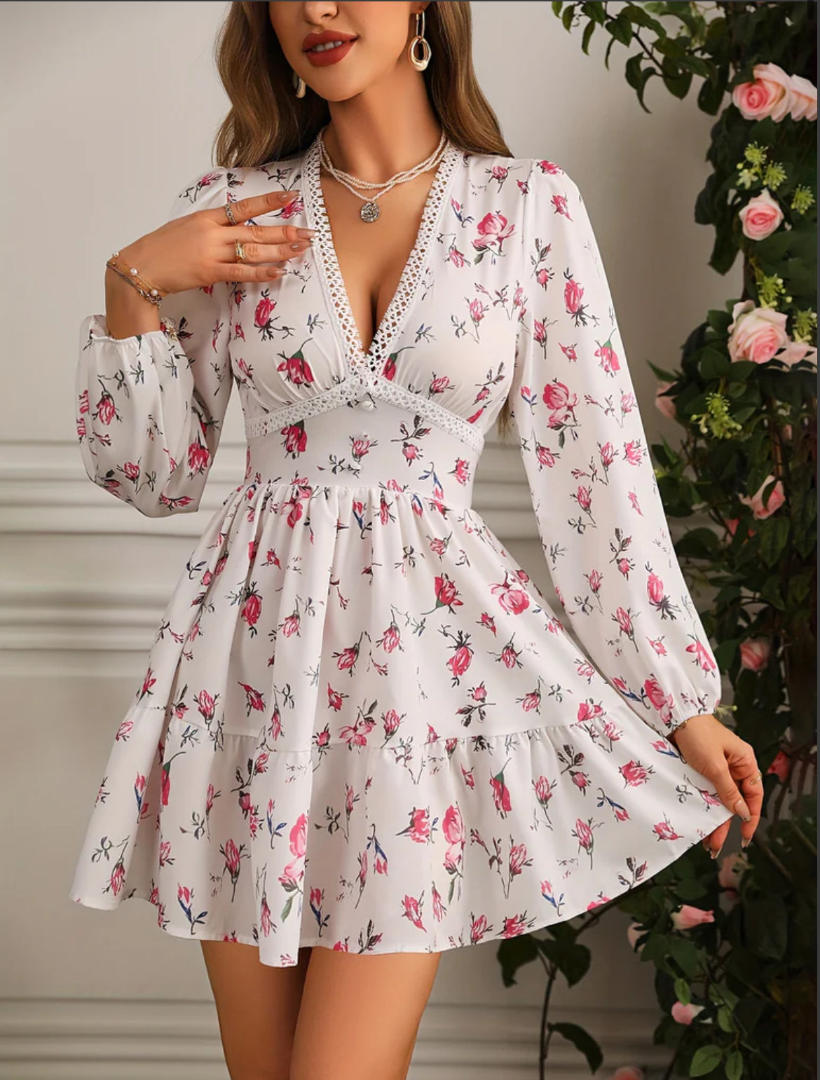 Women's Long Sleeve Dress Floral Mini | V-Neck