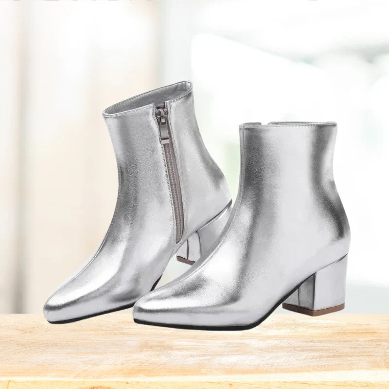 Women's Metallic Side Zip Ankle Boots | Block Heel