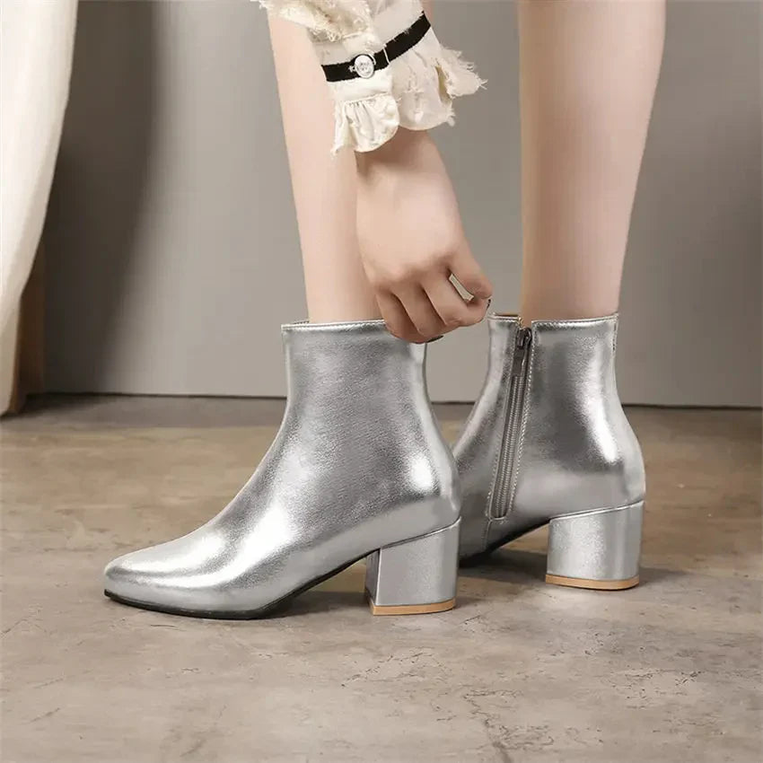 Women's Metallic Side Zip Ankle Boots | Block Heel