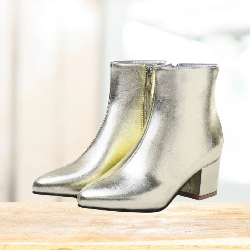 Women's Metallic Side Zip Ankle Boots | Block Heel