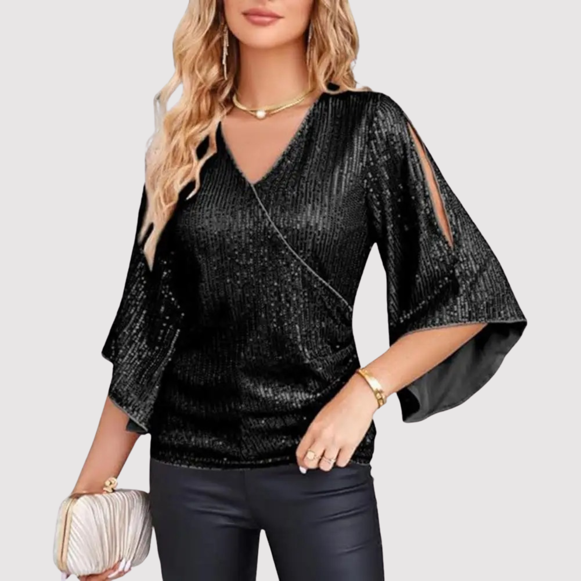 Women's New Years Eve Outfit Sequin 3/4 Sleeve Blouse | Sparkly
