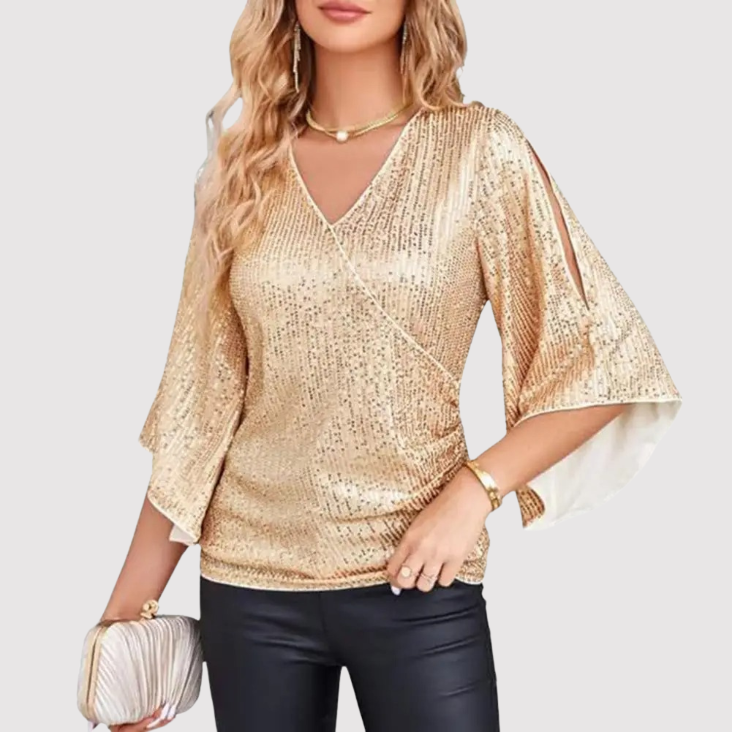 Women's New Years Eve Outfit Sequin 3/4 Sleeve Blouse | Sparkly