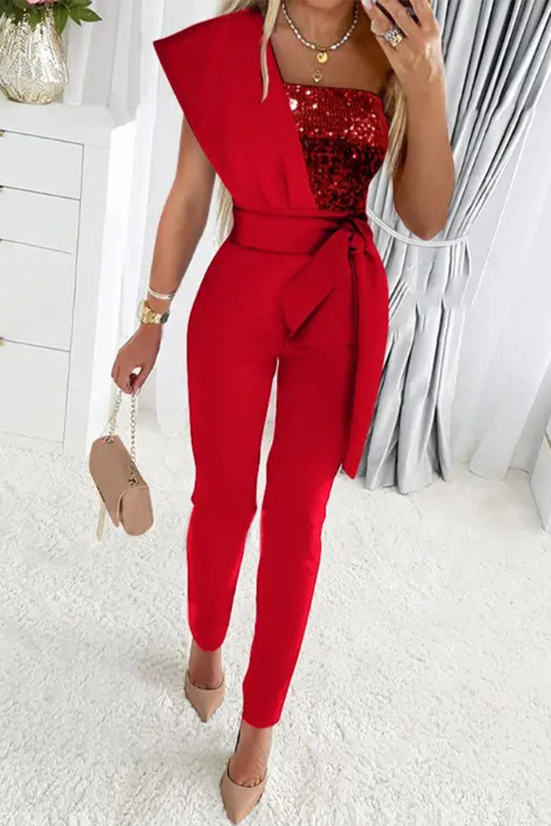 Women's New Years Eve Outfit Sequin Belted Jumpsuit | Party