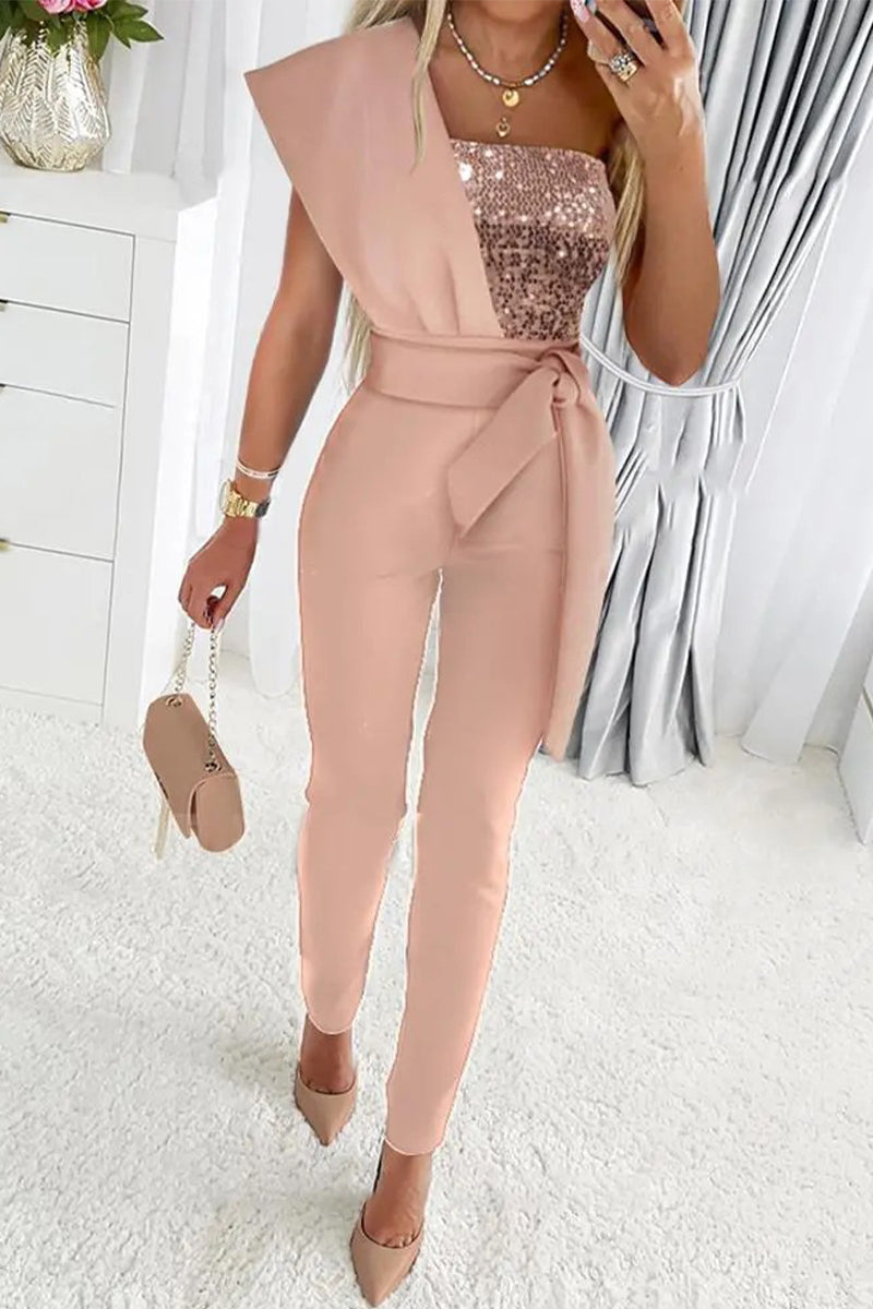 Women's New Years Eve Outfit Sequin Belted Jumpsuit | Party