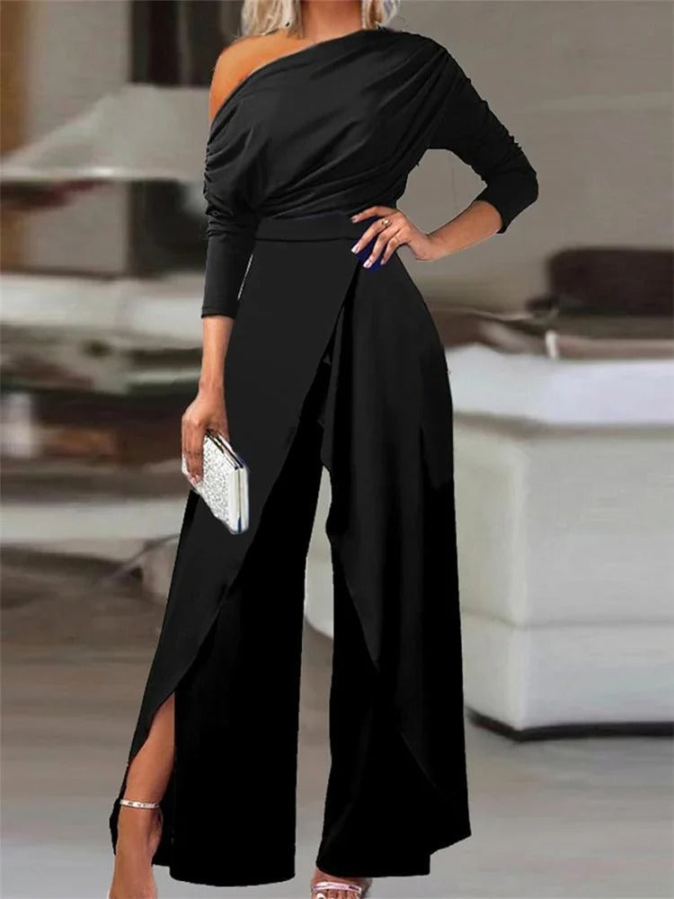 Women's One Shoulder Wide Leg Jumpsuit | Long Sleeve